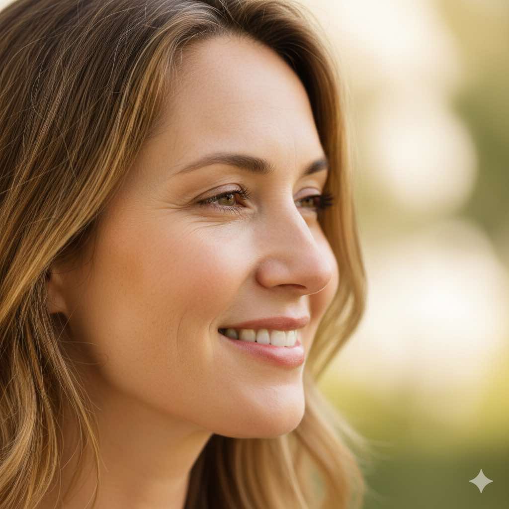 [تصویر: نمای نزدیک از چهره یک زن ۳۵-۴۵ ساله با پوست سالم و طبیعی، در حال لبخند زدن. نور ملایم از کنار چهره می‌تابد و کیفیت پوست و حجم طبیعی گونه‌ها را نشان می‌دهد. تصویر باید احساس آرامش و اعتماد به نفس منتقل کند.]